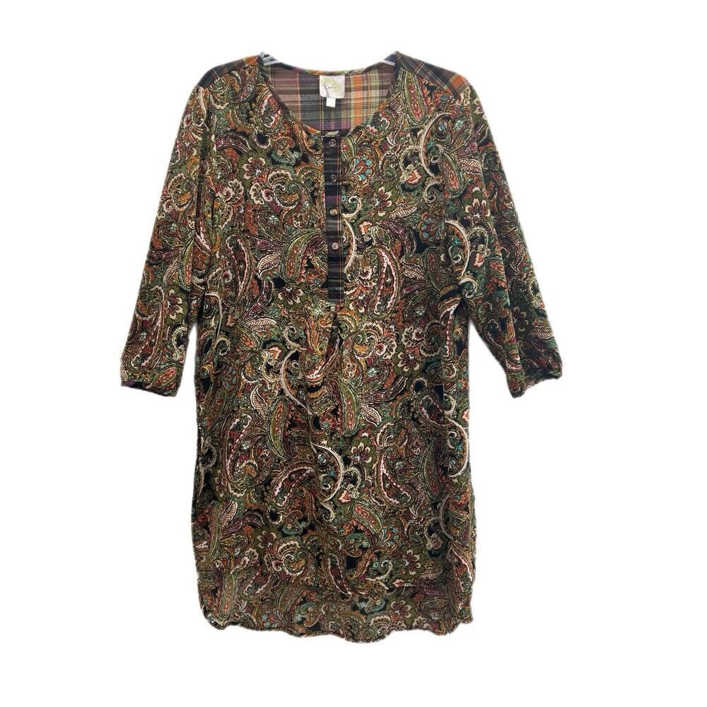 Fig and Flower Tunic Top Dress XL Brown Green Paisley Floral Romantic Flowy